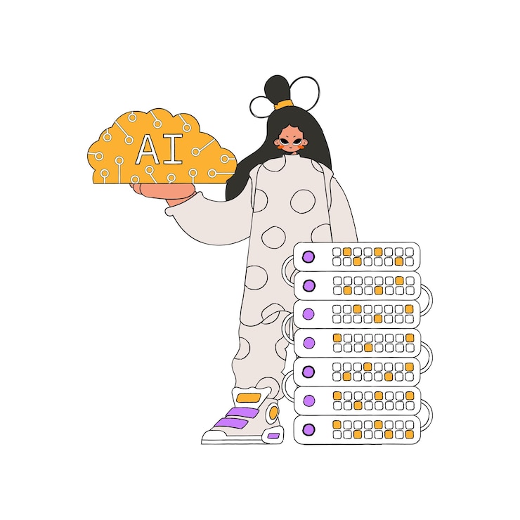 Vector girl holding aipowered brain, vector image.
