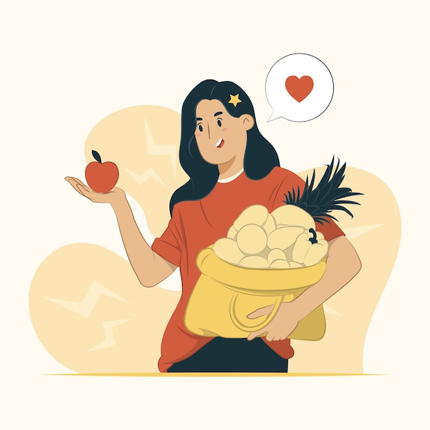 Vector a girl holding bag with fruit illustration