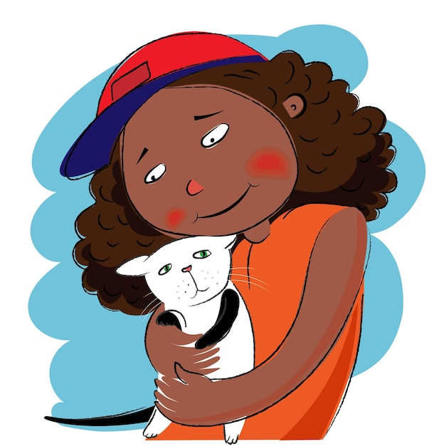 Una ragazza che tiene in braccio un gatto nero illustration vector