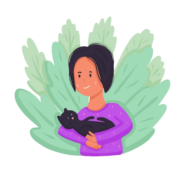 Girl holding black cat in her hands Vector cartoon illustration