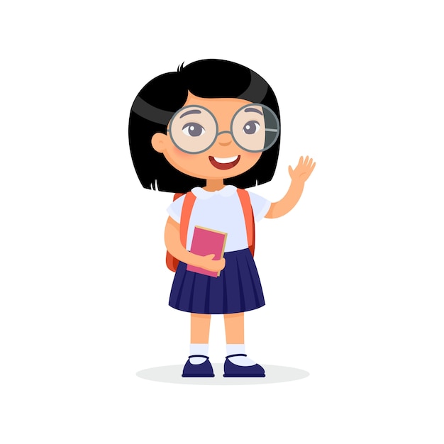 Girl holding a book isolated cartoon character. elementary school student with backpack.