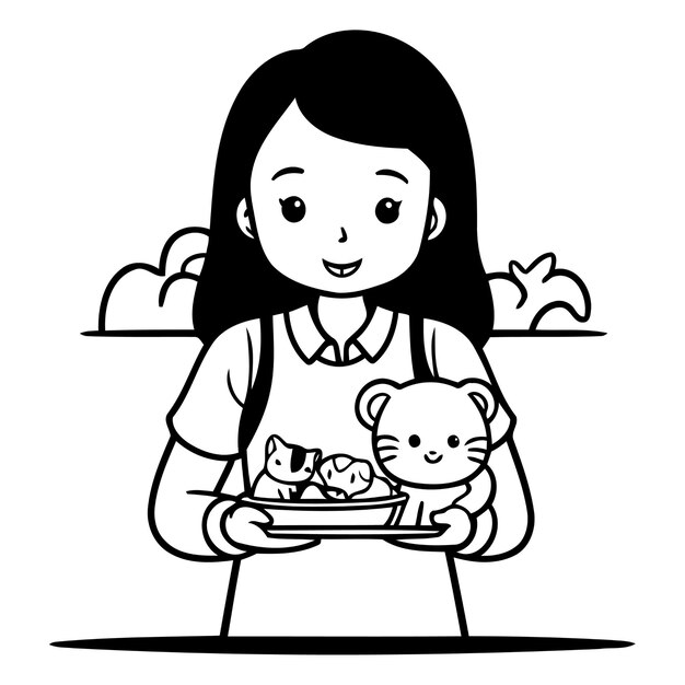 Vector girl holding a cat and a dog in her hands vector illustration