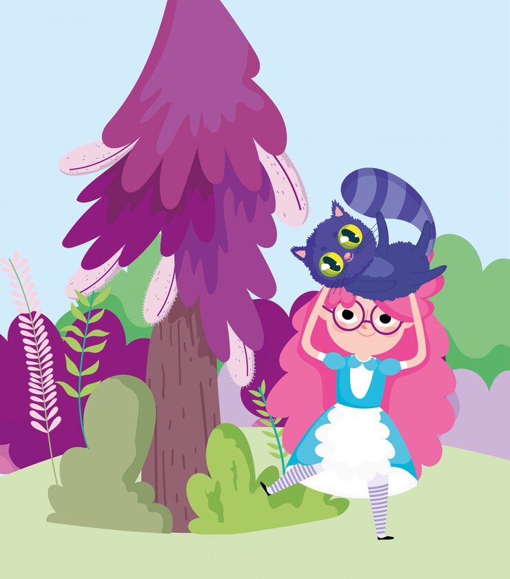 Vector girl holding cat tree bushes meadow in wonderland