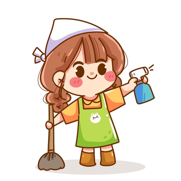 Vector 掃除器具を握っている女の子 家事手描きの漫画ベクトルイラスト