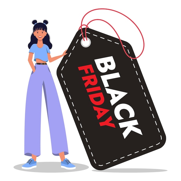 Girl holding a coupon, Black Friday. Stylish illustration.