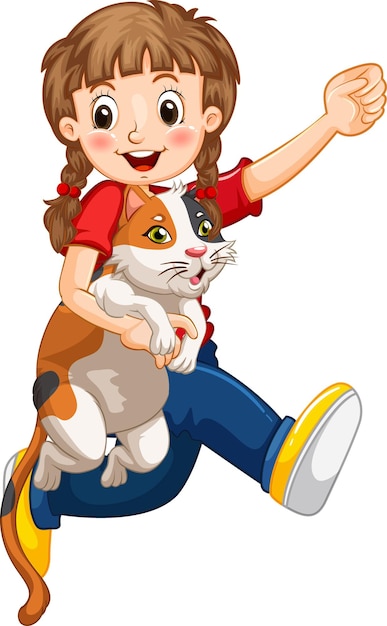 A girl holding cute cat cartoon character isolated on white background