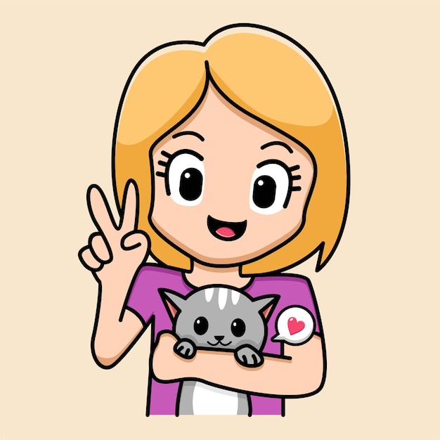 girl holding cute cat cartoon illustration