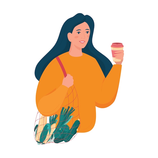 Девушка держит эко авоську и многоразовую кофейную чашку. экологичная и безотходная концепция. изолированные плоские векторные иллюстрации