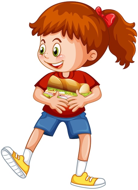 A girl holding food cartoon character isolated on white background