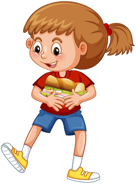 白い背景で隔離の食品漫画のキャラクターを保持している女の子