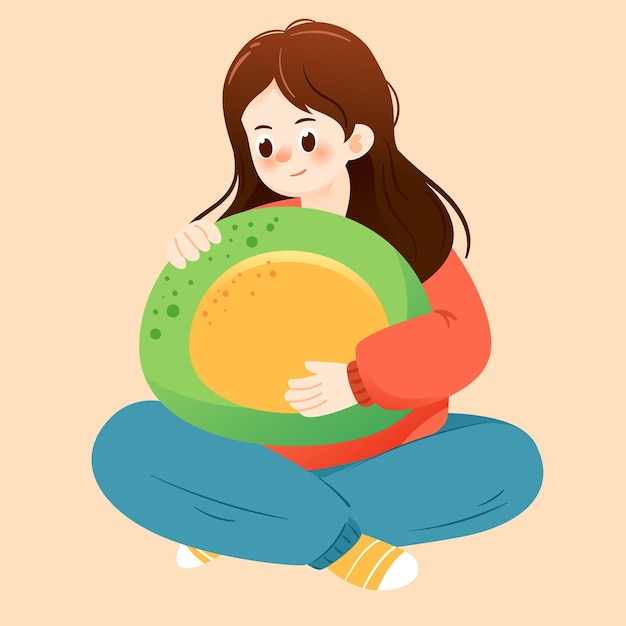 Girl holding food at picnic with various spring plants in the background spring vector illustration