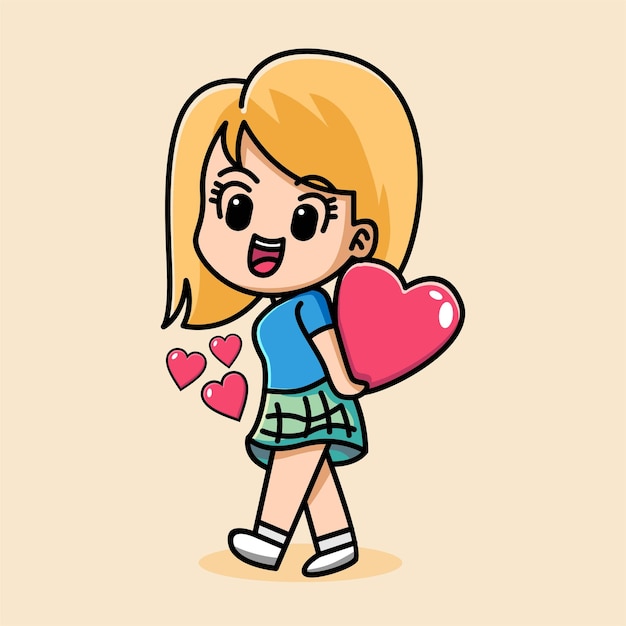 girl holding heart cartoon character