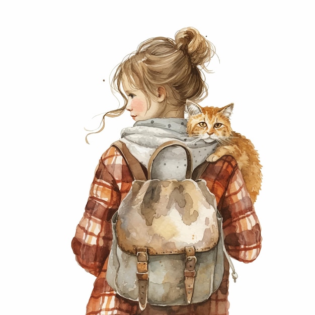 Girl holding her beautiful cat watercolor paint