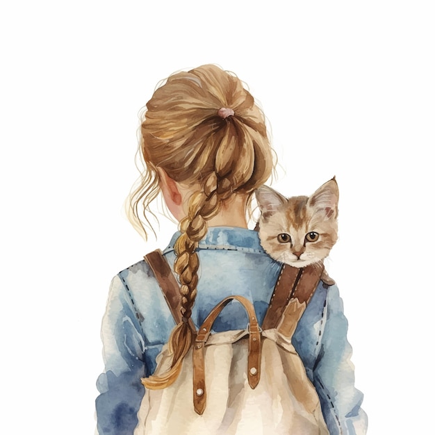 Girl holding her beautiful cat watercolor paint