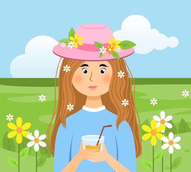 Girl holding juice and standing in front of the background of the flowers