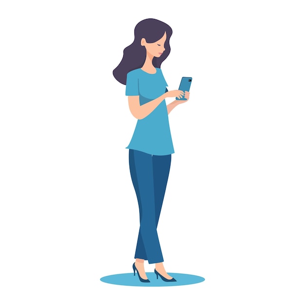 Vector girl holding and looking at her phone