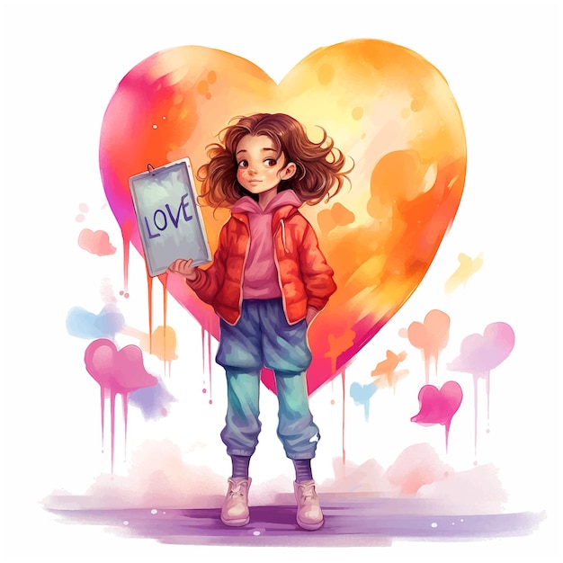 Girl holding a love sign watercolor paint