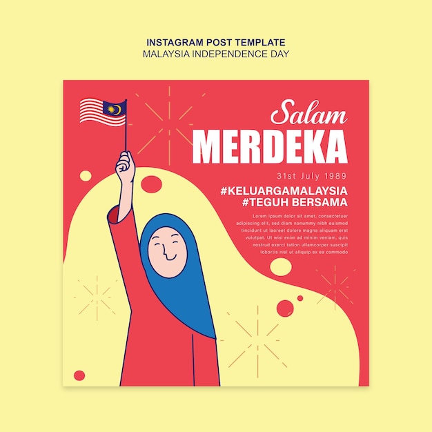 말레이시아 국기 메르데카 축하 인스타그램 포스트 템플릿을 들고 있는 소녀