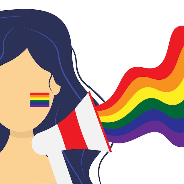 Girl holding megaphone or lgbt rainbow loudspeaker during pride month celebration. Lgbt girl poster. Vector illustration