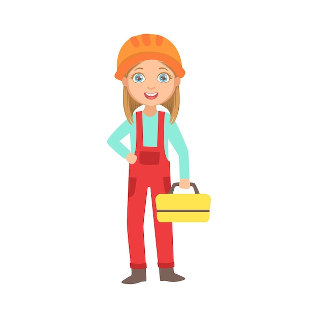 Vector girl holding metal instrument kit box kid dressed as builder on the construction site future dream profession set illustration