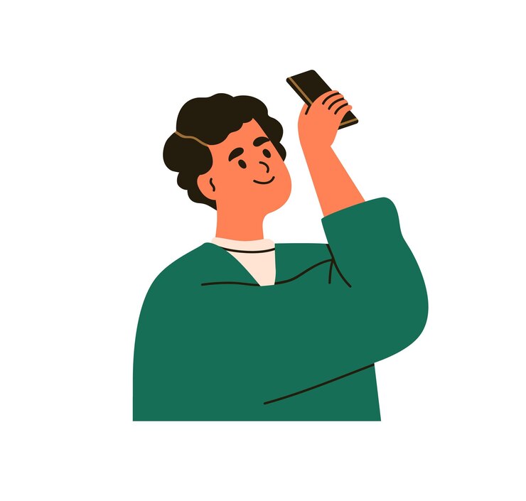 Vector girl holding mobile phone taking photo photograph happy excited young woman with smartphone cellphone in hand looking up and shooting flat vector illustration isolated on white background