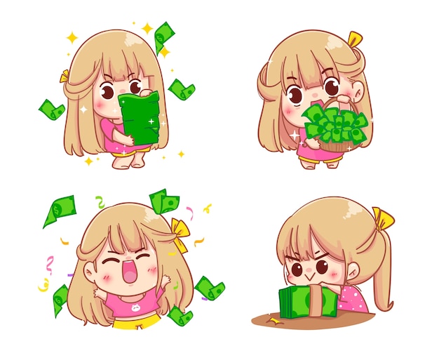 Girl holding money cartoon set illustration