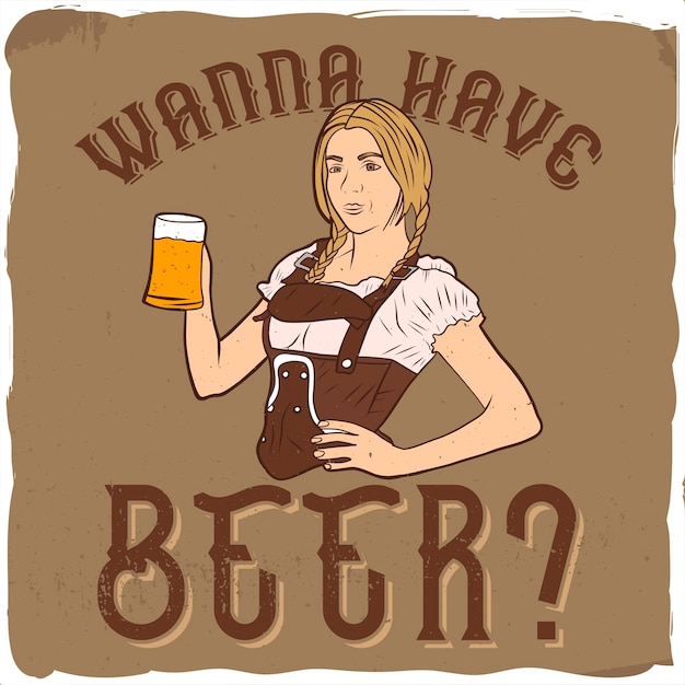 Vector girl holding a mug of beer and smiling