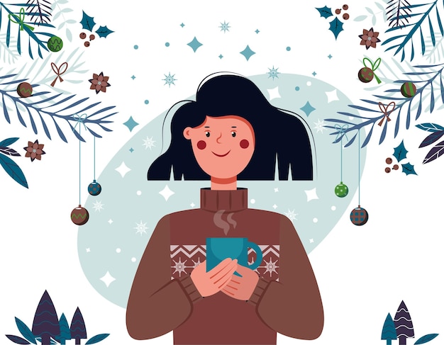 Vector girl holding a mug with botanical frame with decoration on the bg christmas greeting card template