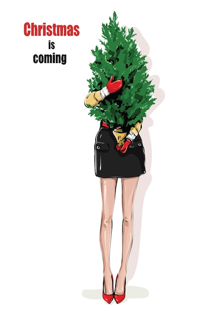 Vector girl holding new year tree