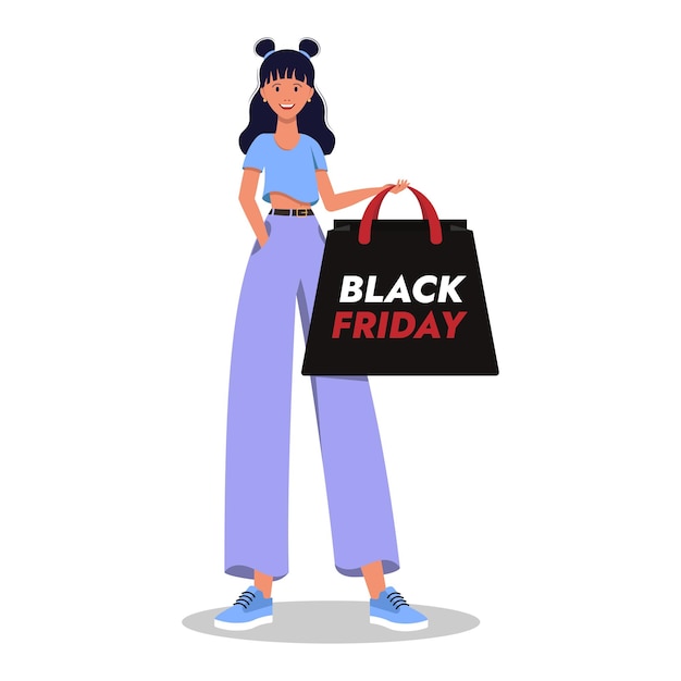 Girl holding a package, black friday. Isolated on white