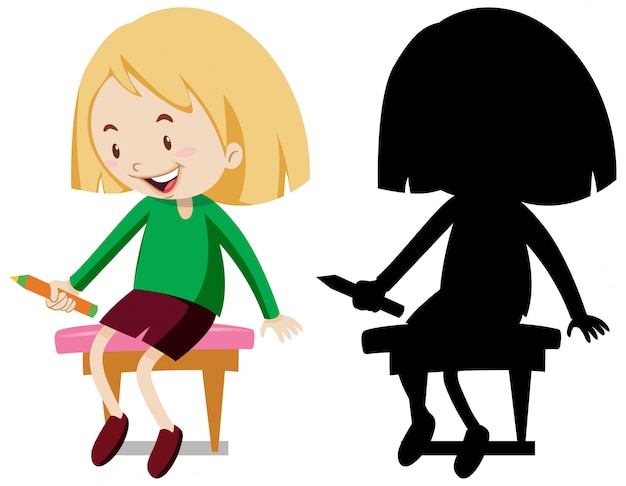 Vector girl holding pencil sitting on the chair in color and silhouette