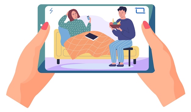 Girl holding phone with photo of treatment process Guy gives fresh fruit to sick girlfriend Woman wrapped in blanket sitting on couch and taking medicine Prevention of spread of covid19
