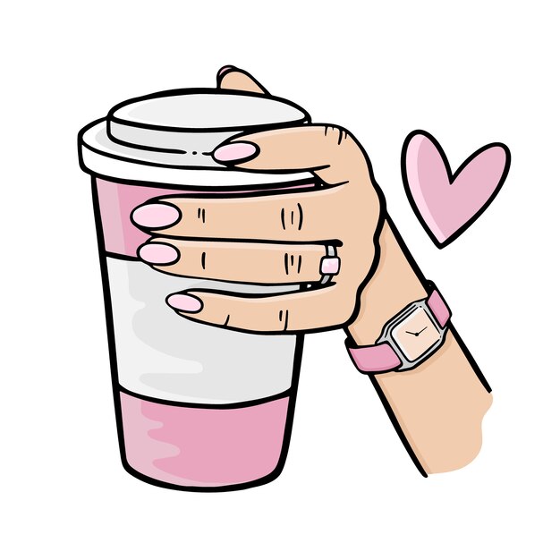 Girl holding a pink cup of coffee hand drawn elements cartoon clip art  set