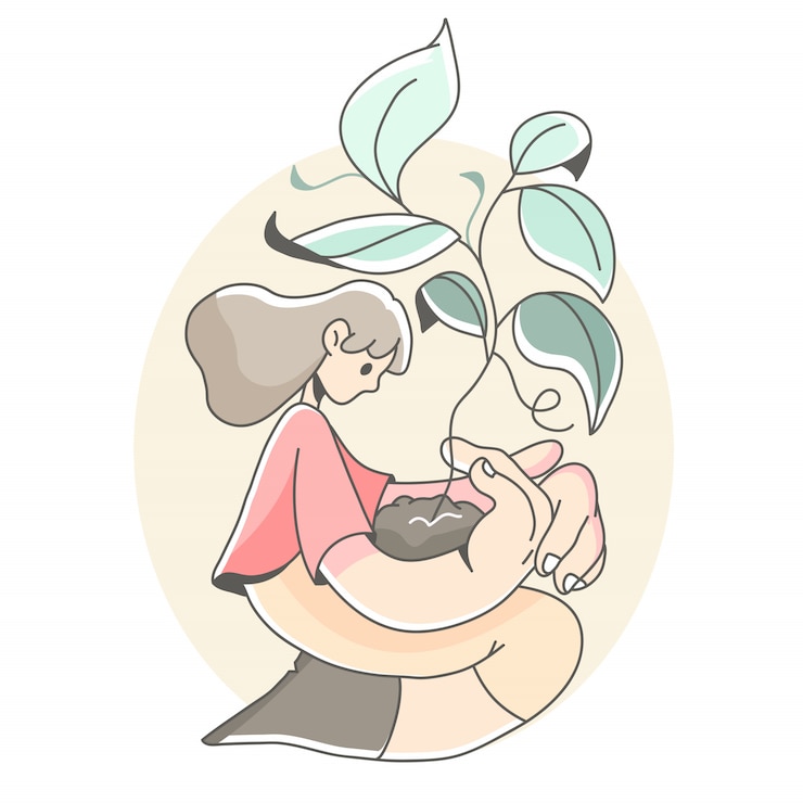 Vector girl holding plant and soil nature illustration