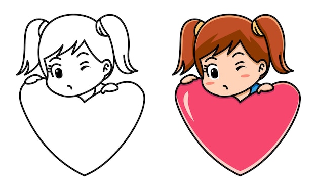 Ragazza con cuore rosso san valentino concetto pagina da colorare per bambini