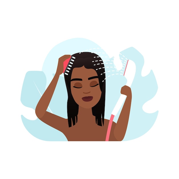 girl holding shower head and massager to brush hair under stream of water