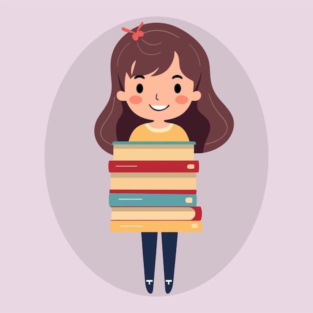 Vector girl holding stack of books vector flat cartoon illustration