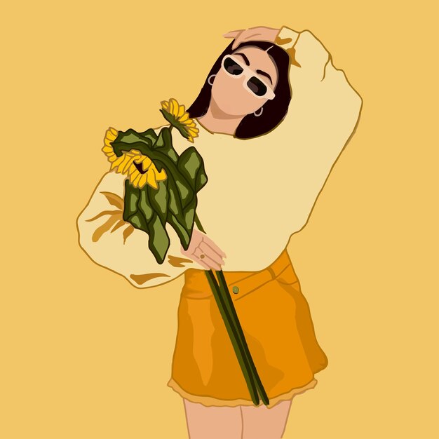 Vector girl holding sunflowers