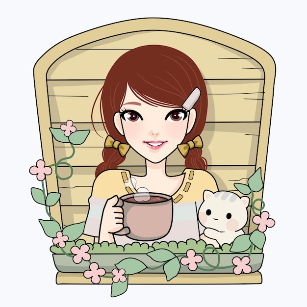 girl holding teacup with kitten behind the window free vektor illustration
