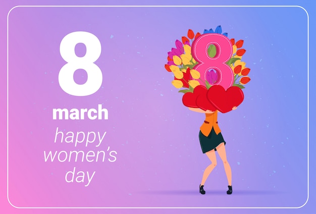 튤립 꽃과 붉은 마음을 잡고 소녀 행복한 여성의 날 3 월 8 일 휴일 개념