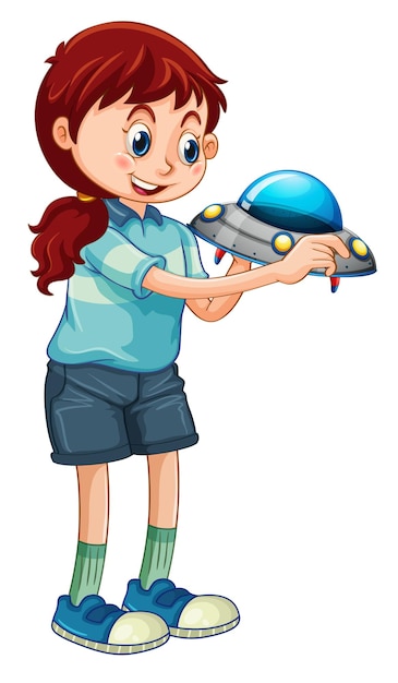 A girl holding ufo toy cartoon character isolated on white background