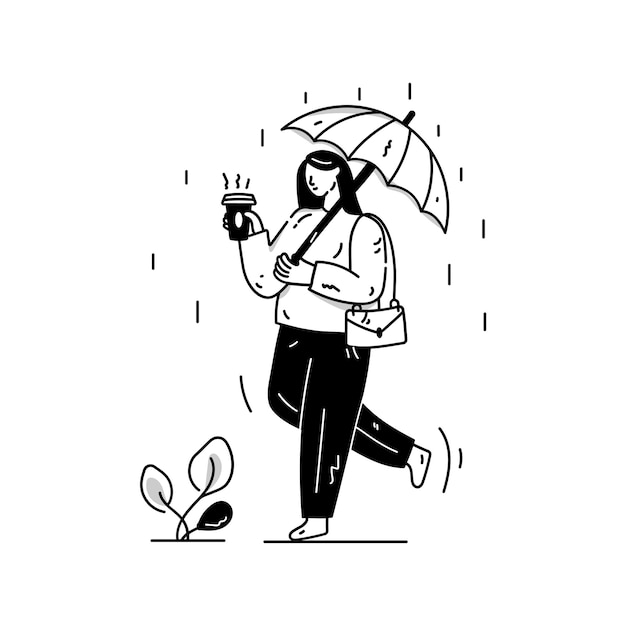 雨を楽しんでいる傘の手描きイラストを持っている女の子