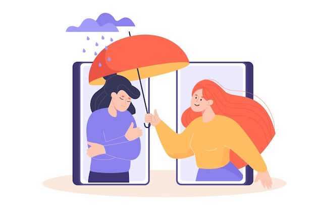 Girl holding umbrella over sad friends through phone. woman supporting friend with mental problems or depression, trying to help and comfort flat vector illustration. psychology, empathy concept