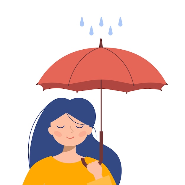 Девушка с зонтиком и стоящая в дожде, изолированная на белом фоне.