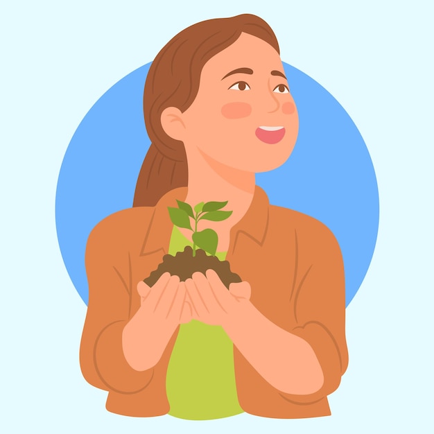 Girl holding young plant in hands Ecological concept