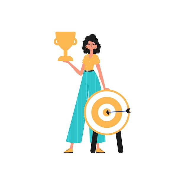Vector the girl holds the achiever 's cup in his handwriting trendy style vector illustration