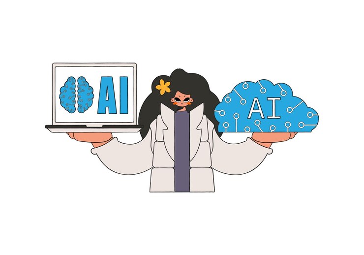 Vector girl holds ai brain, vector artwork.