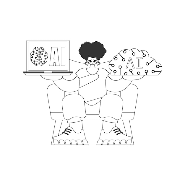 女の子はベクトル スタイルで描かれた AI モデルを手に持っています