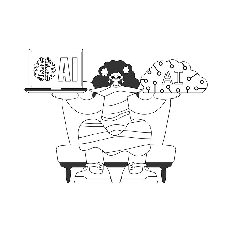 Vector a girl holds an ai model illustrated in line art