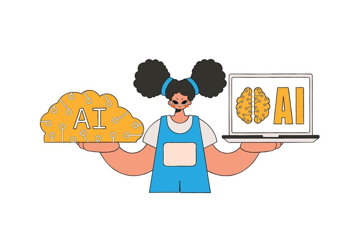 Vector girl holds aipowered brain, illustrated vector.
